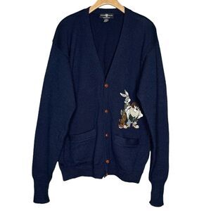 Vintage Warner Brothers Looney Tunes Navy Blue Wool Cardigan Men’s Sz L